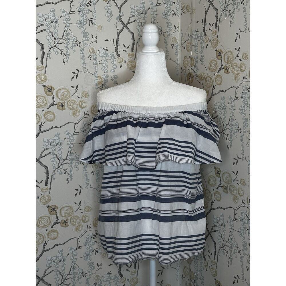 NWT LOFT Ann Taylor Women's Off Shoulders Ruffle Striped Top Cotton Sz L